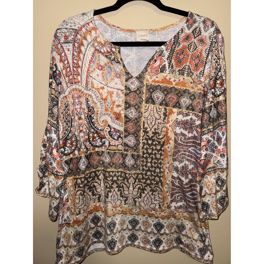 Chicos 2/L Patchwork‎ Paisley Medallion V-Neck 3/4 Sleeve Tunic Top Artsy Boho